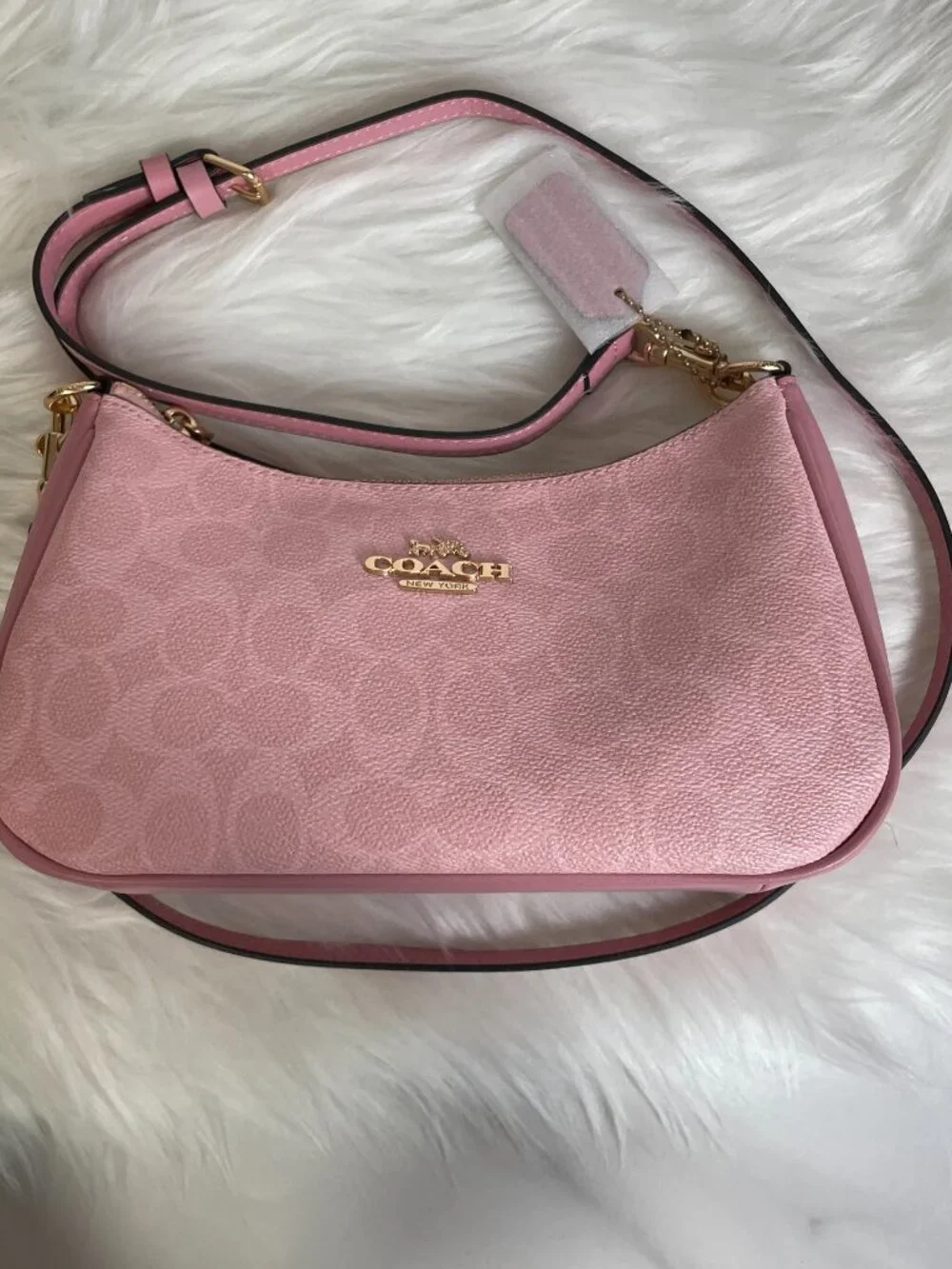 Pink Curved Shoulder Bag Signature Pattern With Adjustable Crossbody Strap